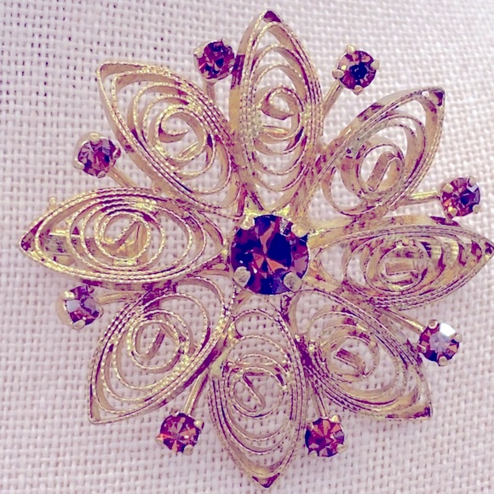 Vintage Floral Brooch Gold Tone Textured Petal DesignsWith Brown Rhinestones